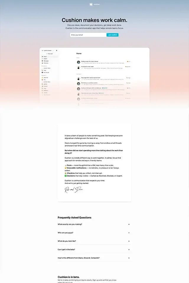Cushion landing page