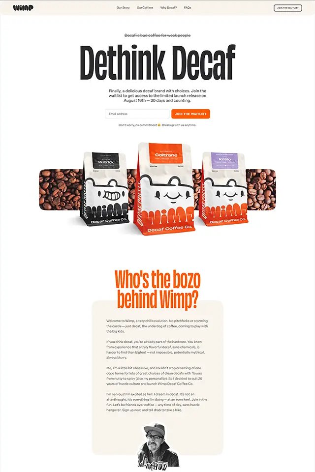 Wimp Coffee Co landing page