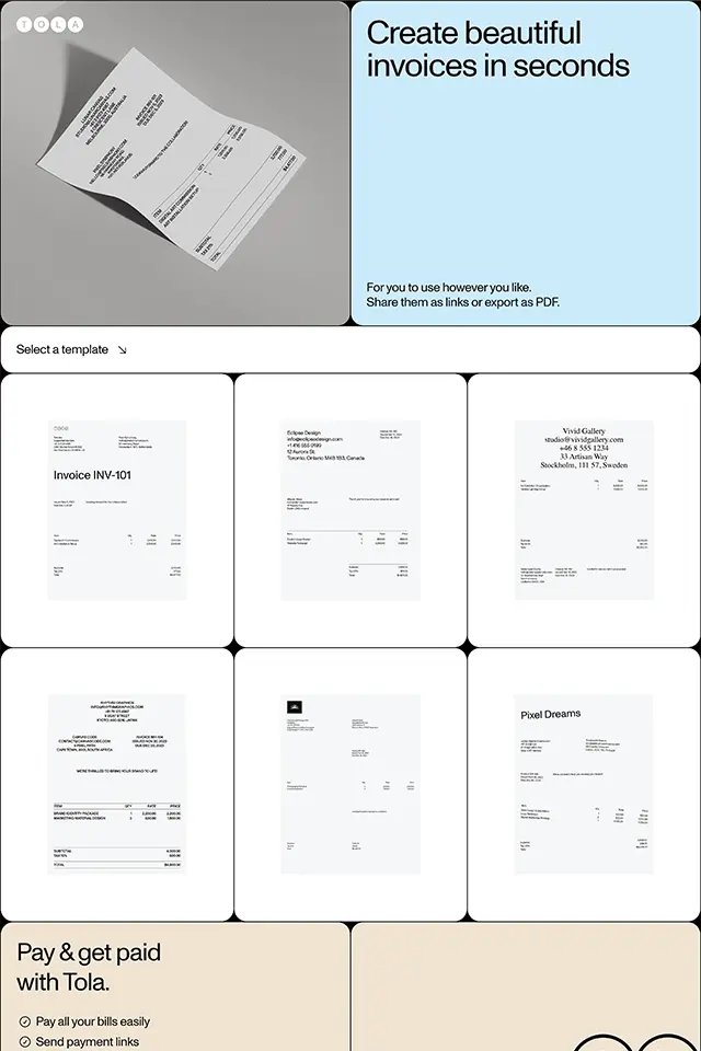 Tola Invoice landing page