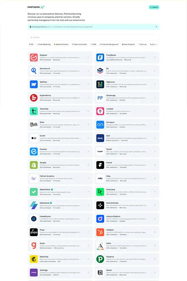 Partnero List landing page